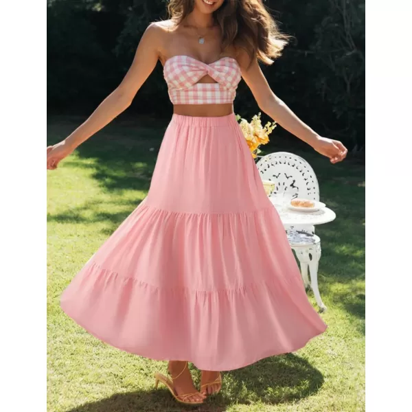 ZESICA Womens 2024 Summer Plaid Flower Elastic High Waist Flowy A Line Maxi Skirt with PocketsPink