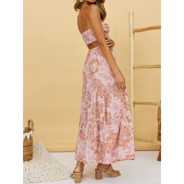 ZESICA Womens 2024 Summer Plaid Flower Elastic High Waist Flowy A Line Maxi Skirt with PocketsPinkbrown
