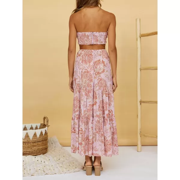 ZESICA Womens 2024 Summer Plaid Flower Elastic High Waist Flowy A Line Maxi Skirt with PocketsPinkbrown