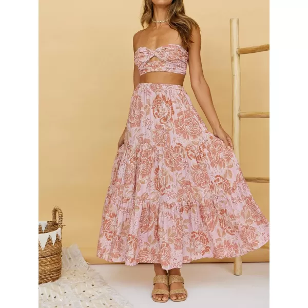 ZESICA Womens 2024 Summer Plaid Flower Elastic High Waist Flowy A Line Maxi Skirt with PocketsPinkbrown