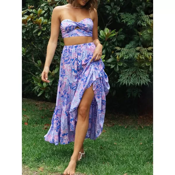 ZESICA Womens 2024 Summer Plaid Flower Elastic High Waist Flowy A Line Maxi Skirt with PocketsViolet