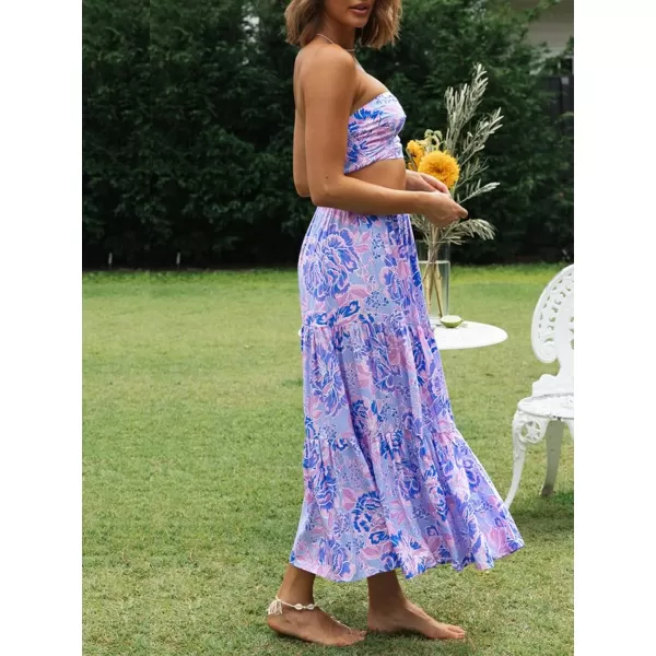 ZESICA Womens 2024 Summer Plaid Flower Elastic High Waist Flowy A Line Maxi Skirt with PocketsViolet