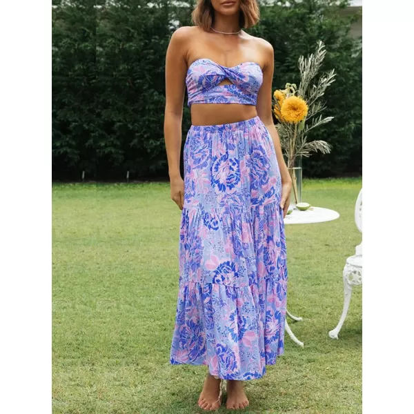 ZESICA Womens 2024 Summer Plaid Flower Elastic High Waist Flowy A Line Maxi Skirt with PocketsViolet