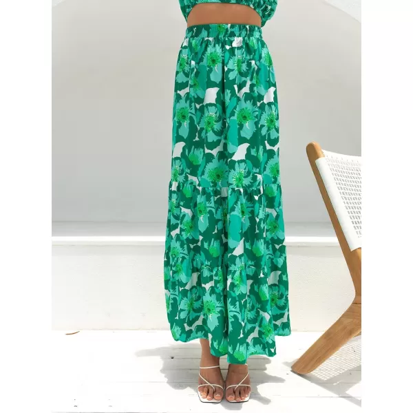 ZESICA Womens 2024 Summer Plaid Flower Elastic High Waist Flowy A Line Maxi Skirt with PocketsViridis