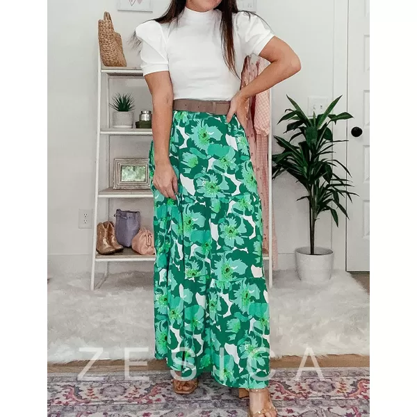ZESICA Womens 2024 Summer Plaid Flower Elastic High Waist Flowy A Line Maxi Skirt with PocketsViridis