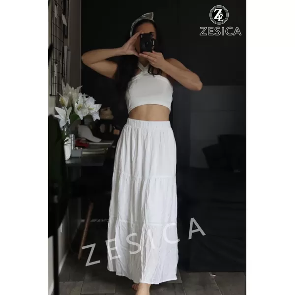 ZESICA Womens 2024 Summer Plaid Flower Elastic High Waist Flowy A Line Maxi Skirt with PocketsWhite