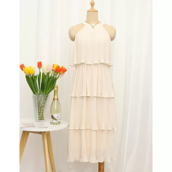 ZESICA Womens 2024 Summer Sleeveless Halter Neck Ruffle Tiered Layed Chiffon Flowy Swing Long Midi DressApricot