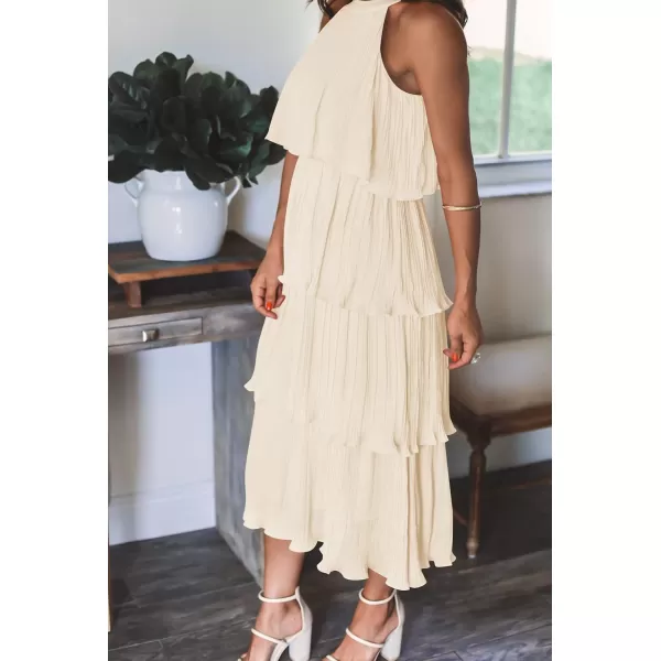 ZESICA Womens 2024 Summer Sleeveless Halter Neck Ruffle Tiered Layed Chiffon Flowy Swing Long Midi DressApricot