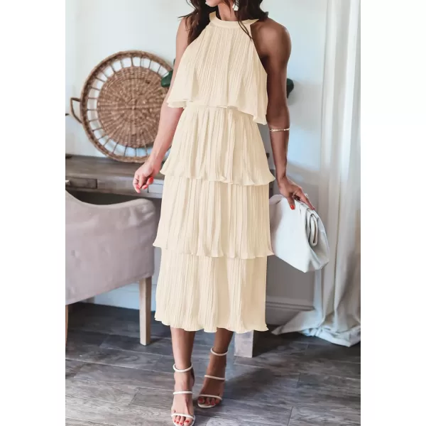 ZESICA Womens 2024 Summer Sleeveless Halter Neck Ruffle Tiered Layed Chiffon Flowy Swing Long Midi DressApricot