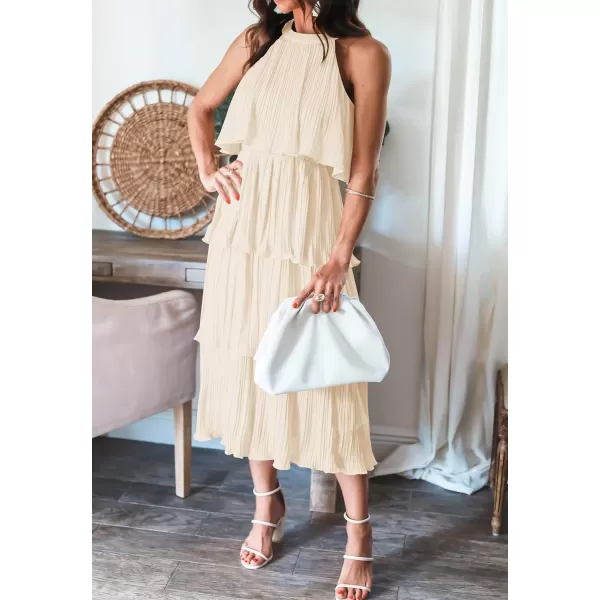 ZESICA Womens 2024 Summer Sleeveless Halter Neck Ruffle Tiered Layed Chiffon Flowy Swing Long Midi DressApricot