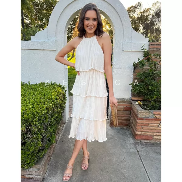 ZESICA Womens 2024 Summer Sleeveless Halter Neck Ruffle Tiered Layed Chiffon Flowy Swing Long Midi DressApricot