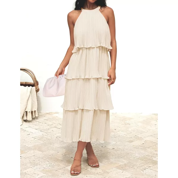 ZESICA Womens 2024 Summer Sleeveless Halter Neck Ruffle Tiered Layed Chiffon Flowy Swing Long Midi DressApricot