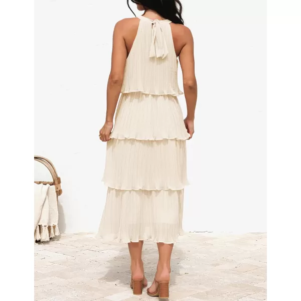 ZESICA Womens 2024 Summer Sleeveless Halter Neck Ruffle Tiered Layed Chiffon Flowy Swing Long Midi DressApricot