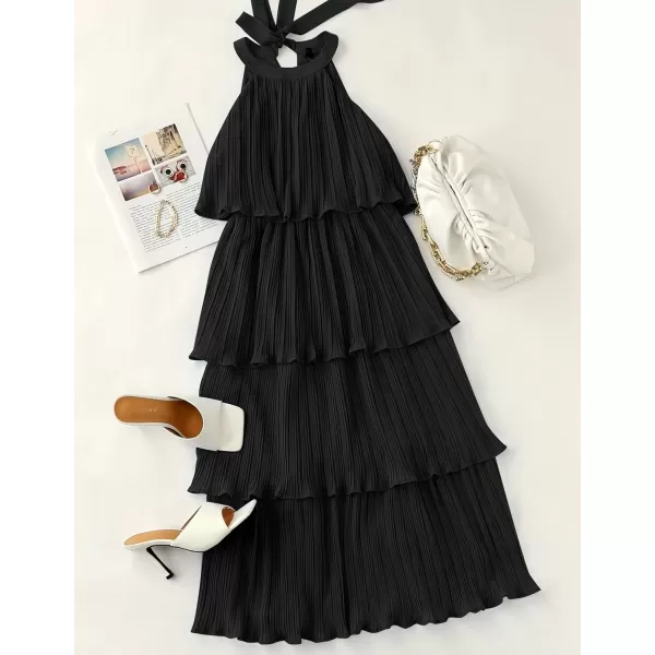 ZESICA Womens 2024 Summer Sleeveless Halter Neck Ruffle Tiered Layed Chiffon Flowy Swing Long Midi DressDarkblack