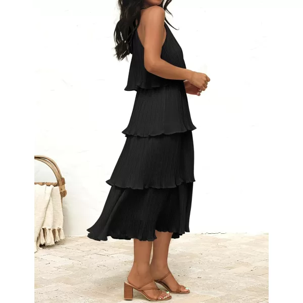 ZESICA Womens 2024 Summer Sleeveless Halter Neck Ruffle Tiered Layed Chiffon Flowy Swing Long Midi DressDarkblack