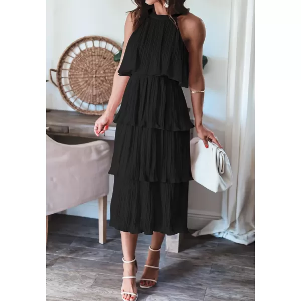 ZESICA Womens 2024 Summer Sleeveless Halter Neck Ruffle Tiered Layed Chiffon Flowy Swing Long Midi DressDarkblack