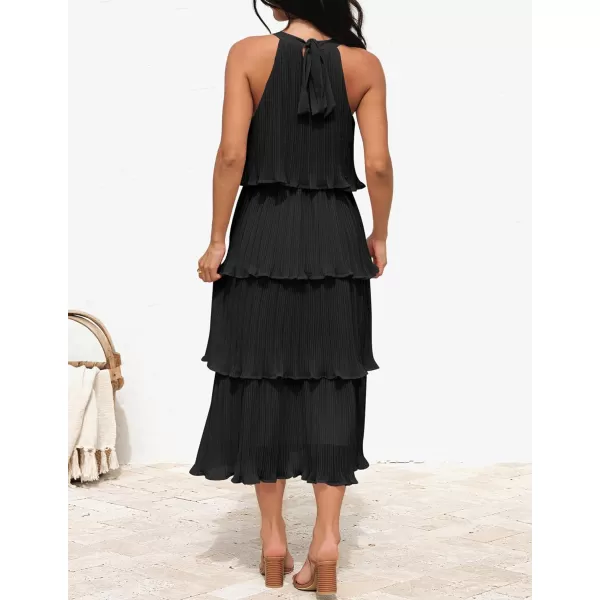 ZESICA Womens 2024 Summer Sleeveless Halter Neck Ruffle Tiered Layed Chiffon Flowy Swing Long Midi DressDarkblack