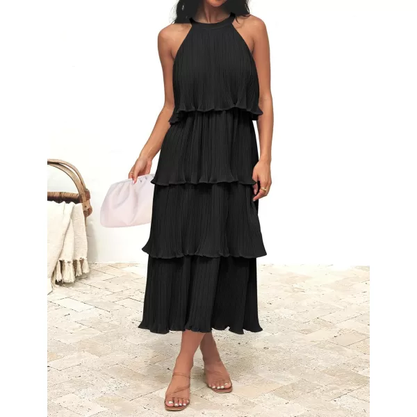 ZESICA Womens 2024 Summer Sleeveless Halter Neck Ruffle Tiered Layed Chiffon Flowy Swing Long Midi DressDarkblack