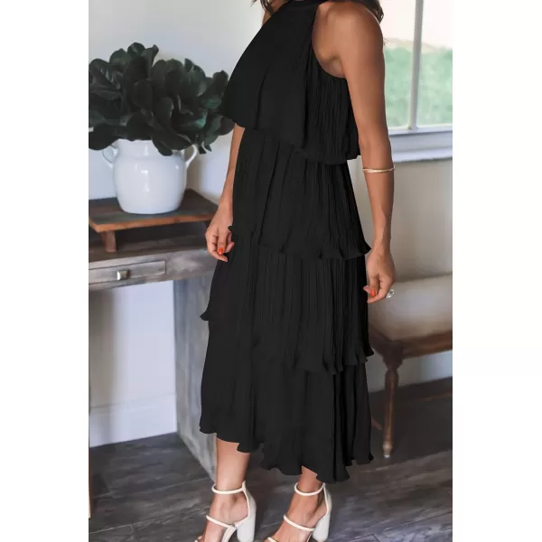 ZESICA Womens 2024 Summer Sleeveless Halter Neck Ruffle Tiered Layed Chiffon Flowy Swing Long Midi DressDarkblack