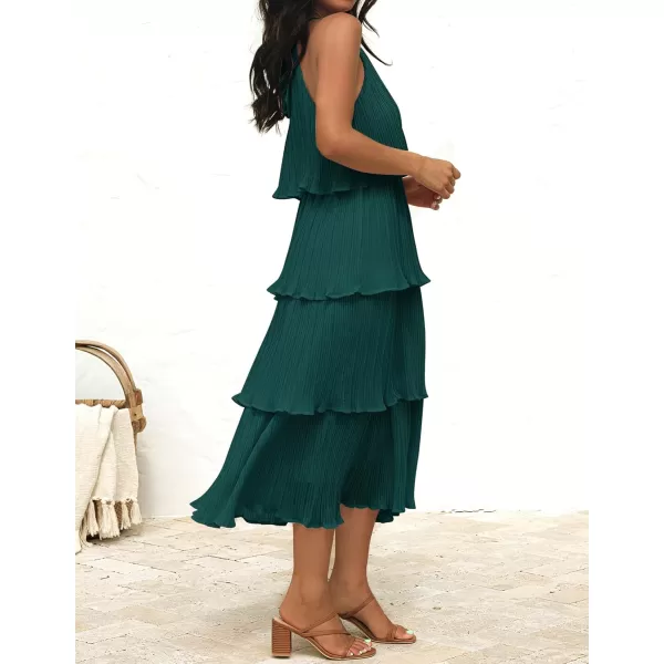 ZESICA Womens 2024 Summer Sleeveless Halter Neck Ruffle Tiered Layed Chiffon Flowy Swing Long Midi DressDarkgreen