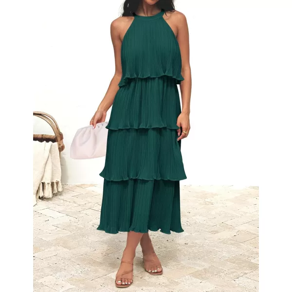 ZESICA Womens 2024 Summer Sleeveless Halter Neck Ruffle Tiered Layed Chiffon Flowy Swing Long Midi DressDarkgreen