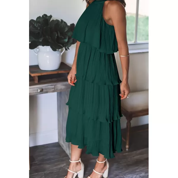 ZESICA Womens 2024 Summer Sleeveless Halter Neck Ruffle Tiered Layed Chiffon Flowy Swing Long Midi DressDarkgreen