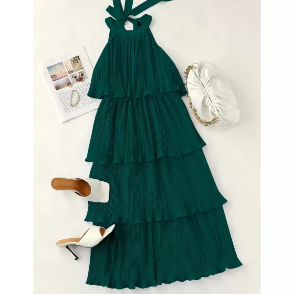 ZESICA Womens 2024 Summer Sleeveless Halter Neck Ruffle Tiered Layed Chiffon Flowy Swing Long Midi DressDarkgreen