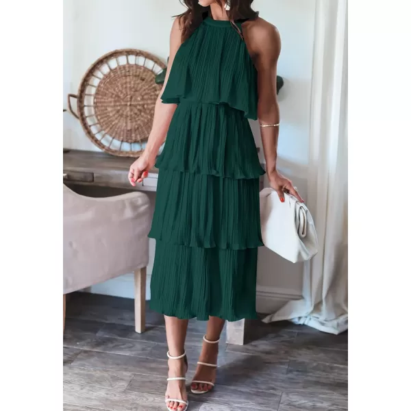 ZESICA Womens 2024 Summer Sleeveless Halter Neck Ruffle Tiered Layed Chiffon Flowy Swing Long Midi DressDarkgreen
