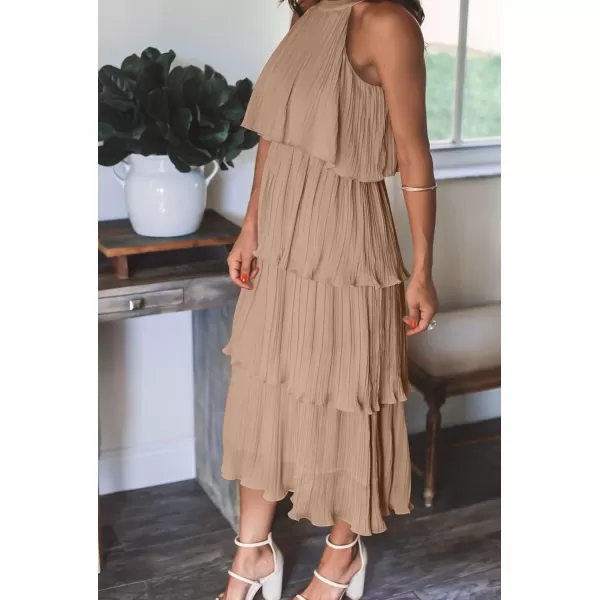 ZESICA Womens 2024 Summer Sleeveless Halter Neck Ruffle Tiered Layed Chiffon Flowy Swing Long Midi DressKhaki