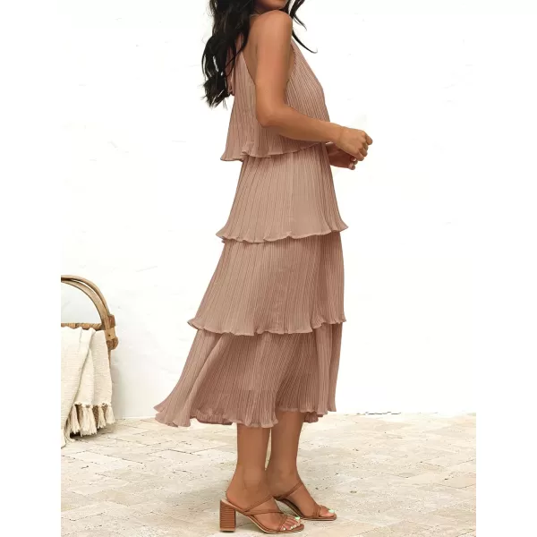 ZESICA Womens 2024 Summer Sleeveless Halter Neck Ruffle Tiered Layed Chiffon Flowy Swing Long Midi DressKhaki