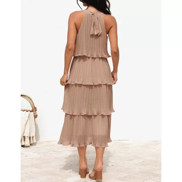 ZESICA Womens 2024 Summer Sleeveless Halter Neck Ruffle Tiered Layed Chiffon Flowy Swing Long Midi DressKhaki