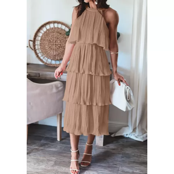 ZESICA Womens 2024 Summer Sleeveless Halter Neck Ruffle Tiered Layed Chiffon Flowy Swing Long Midi DressKhaki