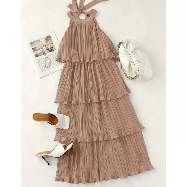 ZESICA Womens 2024 Summer Sleeveless Halter Neck Ruffle Tiered Layed Chiffon Flowy Swing Long Midi DressKhaki
