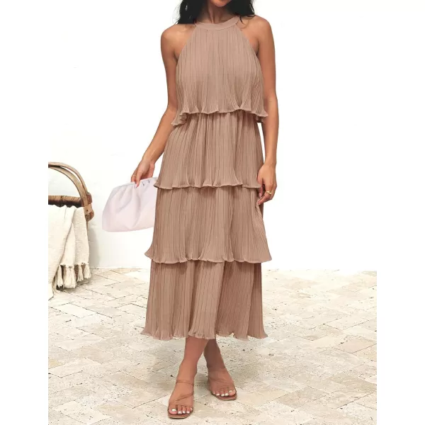 ZESICA Womens 2024 Summer Sleeveless Halter Neck Ruffle Tiered Layed Chiffon Flowy Swing Long Midi DressKhaki