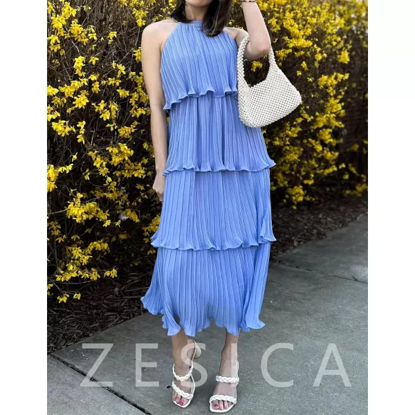 ZESICA Womens 2024 Summer Sleeveless Halter Neck Ruffle Tiered Layed Chiffon Flowy Swing Long Midi DressLightblue