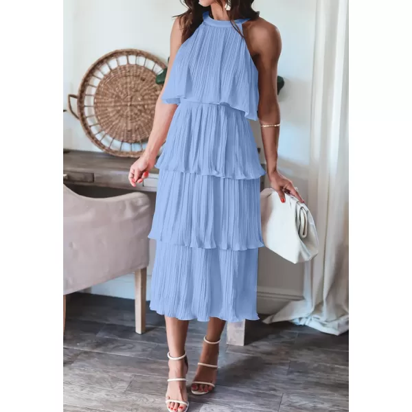 ZESICA Womens 2024 Summer Sleeveless Halter Neck Ruffle Tiered Layed Chiffon Flowy Swing Long Midi DressLightblue