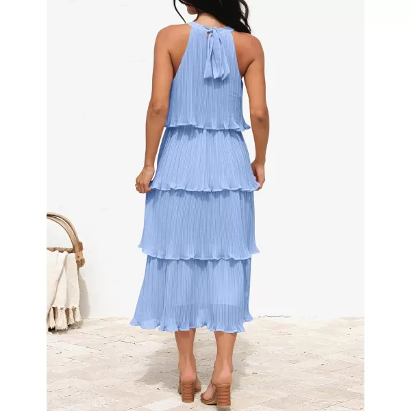 ZESICA Womens 2024 Summer Sleeveless Halter Neck Ruffle Tiered Layed Chiffon Flowy Swing Long Midi DressLightblue