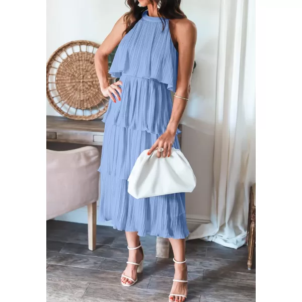 ZESICA Womens 2024 Summer Sleeveless Halter Neck Ruffle Tiered Layed Chiffon Flowy Swing Long Midi DressLightblue