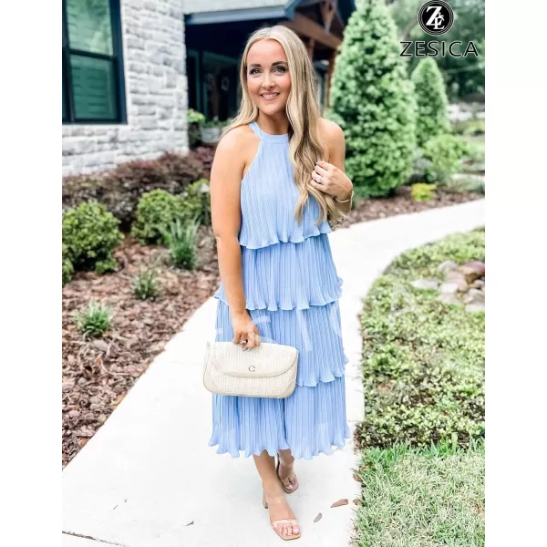 ZESICA Womens 2024 Summer Sleeveless Halter Neck Ruffle Tiered Layed Chiffon Flowy Swing Long Midi DressLightblue