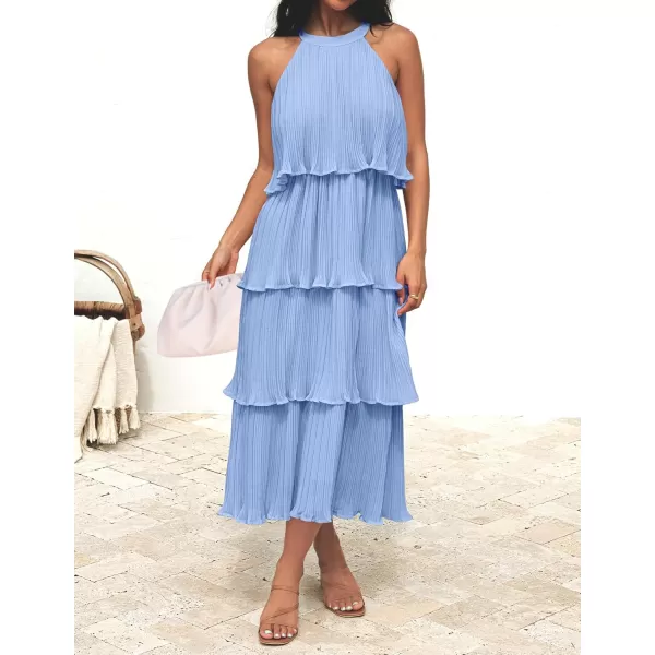 ZESICA Womens 2024 Summer Sleeveless Halter Neck Ruffle Tiered Layed Chiffon Flowy Swing Long Midi DressLightblue