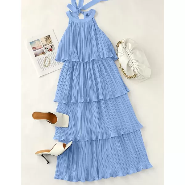 ZESICA Womens 2024 Summer Sleeveless Halter Neck Ruffle Tiered Layed Chiffon Flowy Swing Long Midi DressLightblue