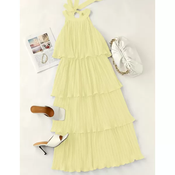 ZESICA Womens 2024 Summer Sleeveless Halter Neck Ruffle Tiered Layed Chiffon Flowy Swing Long Midi DressLightyellow
