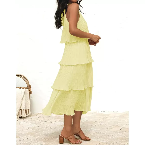 ZESICA Womens 2024 Summer Sleeveless Halter Neck Ruffle Tiered Layed Chiffon Flowy Swing Long Midi DressLightyellow