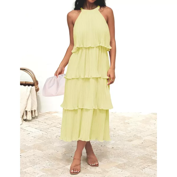 ZESICA Womens 2024 Summer Sleeveless Halter Neck Ruffle Tiered Layed Chiffon Flowy Swing Long Midi DressLightyellow