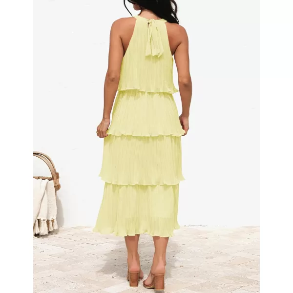 ZESICA Womens 2024 Summer Sleeveless Halter Neck Ruffle Tiered Layed Chiffon Flowy Swing Long Midi DressLightyellow