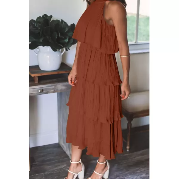 ZESICA Womens 2024 Summer Sleeveless Halter Neck Ruffle Tiered Layed Chiffon Flowy Swing Long Midi DressMaple