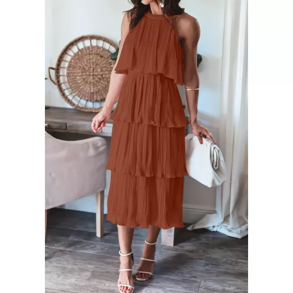 ZESICA Womens 2024 Summer Sleeveless Halter Neck Ruffle Tiered Layed Chiffon Flowy Swing Long Midi DressMaple