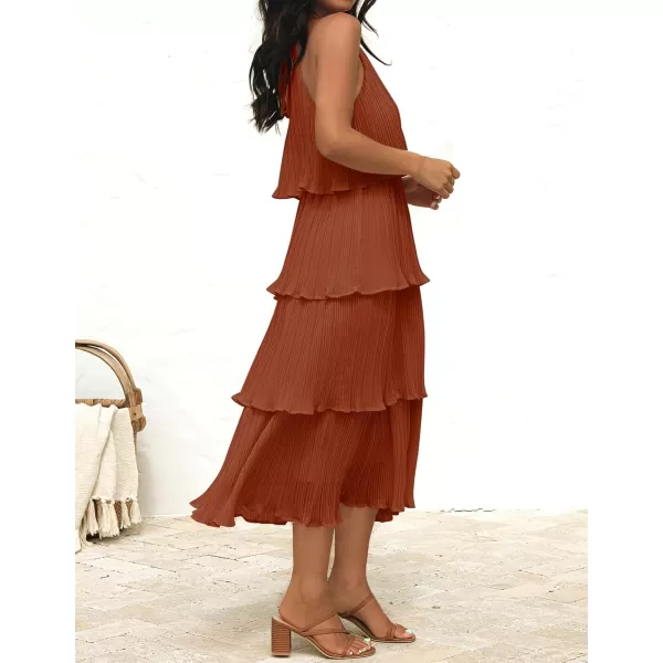 ZESICA Womens 2024 Summer Sleeveless Halter Neck Ruffle Tiered Layed Chiffon Flowy Swing Long Midi DressMaple