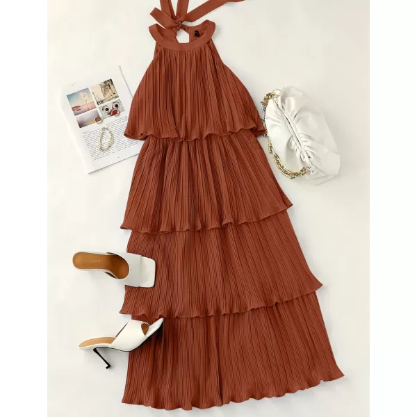 ZESICA Womens 2024 Summer Sleeveless Halter Neck Ruffle Tiered Layed Chiffon Flowy Swing Long Midi DressMaple
