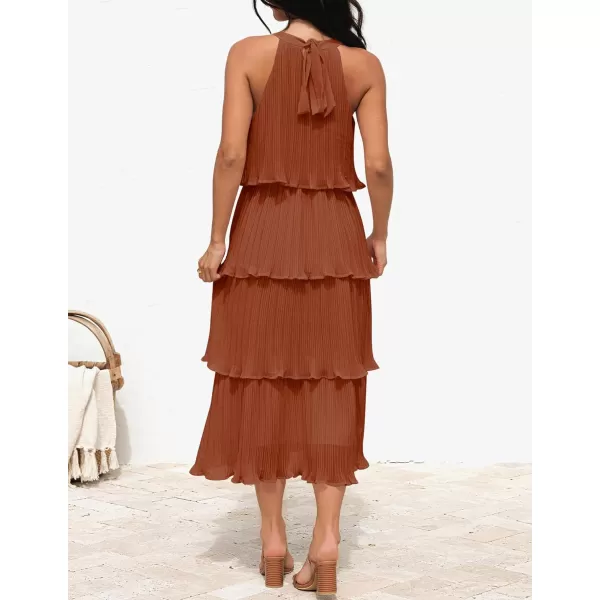 ZESICA Womens 2024 Summer Sleeveless Halter Neck Ruffle Tiered Layed Chiffon Flowy Swing Long Midi DressMaple